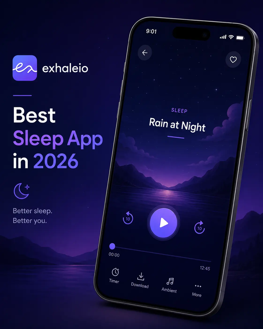 Exhaleio Best Sleep App in 2026 featuring the Rain at Night sleep soundscape player with calming night ambience, relaxing sleep sounds, meditation, breathing exercises, and tools for better sleep and stress relief.