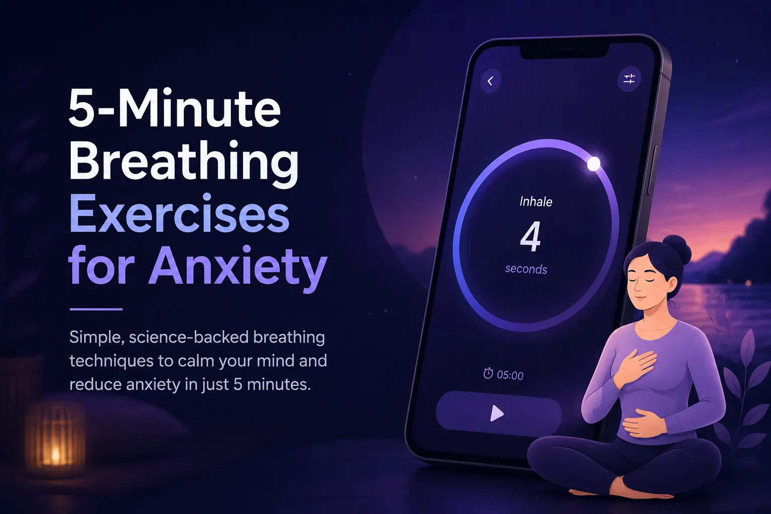 5-minute breathing exercises for anxiety with a calming meditation app interface, guided breathing session, and peaceful mindfulness illustration in dark purple tones.