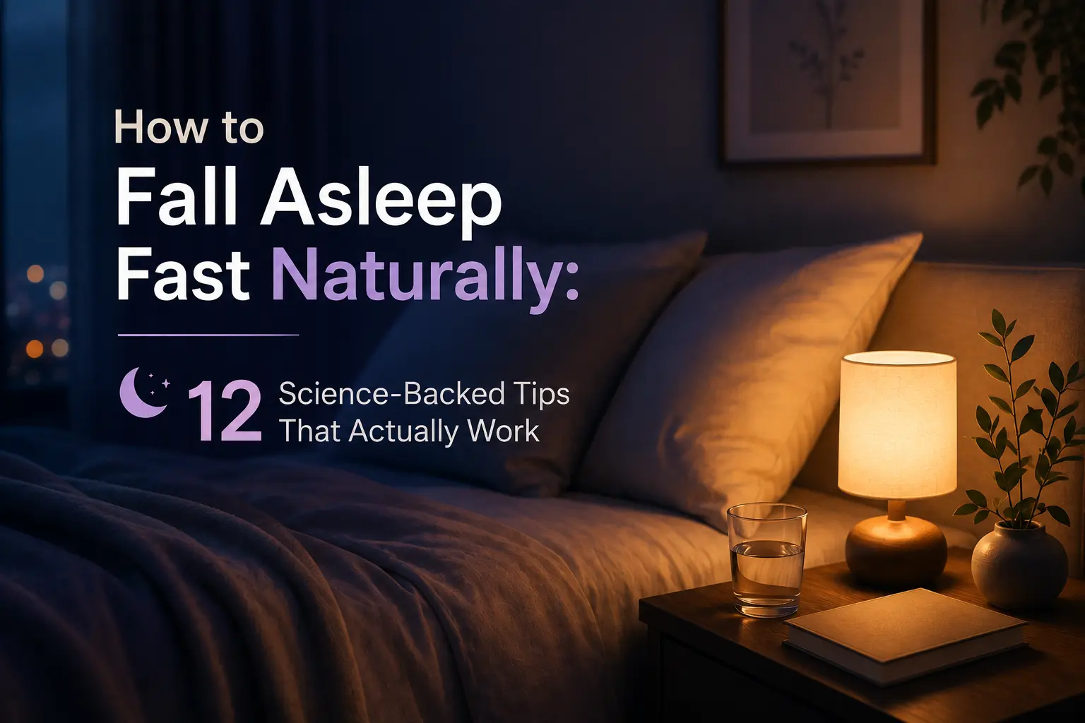 How to fall asleep fast naturally with science-backed sleep tips in a calm, cozy bedroom at night.