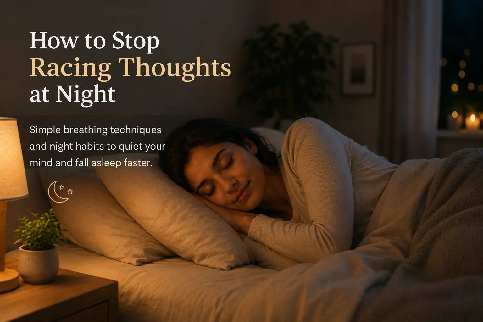 Woman sleeping peacefully after calming racing thoughts at night using simple breathing techniques for better sleep.
